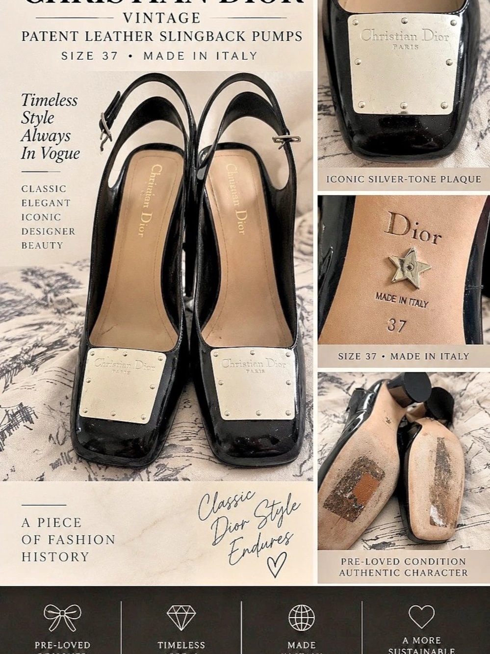 Christian Dior Vintage Patent Leather Slingback Pumps Patent Leather Slingback